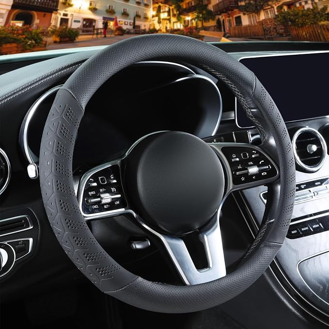 3D Slim Soft 14 inch Leather Steering Wheel Cover Black | Breathable Anti-Slip Premium Skin-Feel Perforated Thin Nappa Leather, Small 13.5 inch to 14 inch