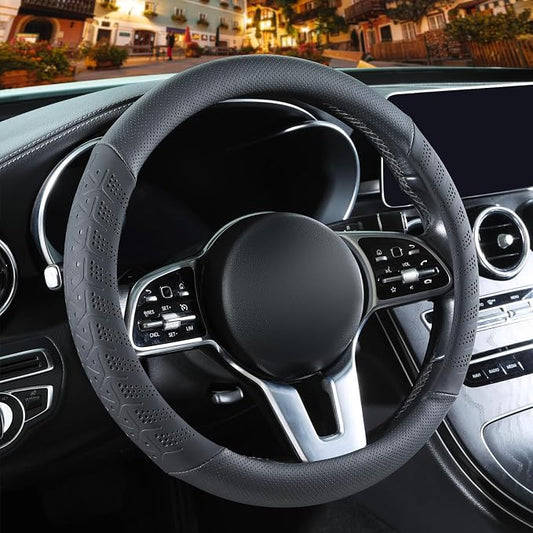 3D Slim Soft 14 inch Leather Steering Wheel Cover Black | Breathable Anti-Slip Premium Skin-Feel Perforated Thin Nappa Leather, Small 13.5 inch to 14 inch