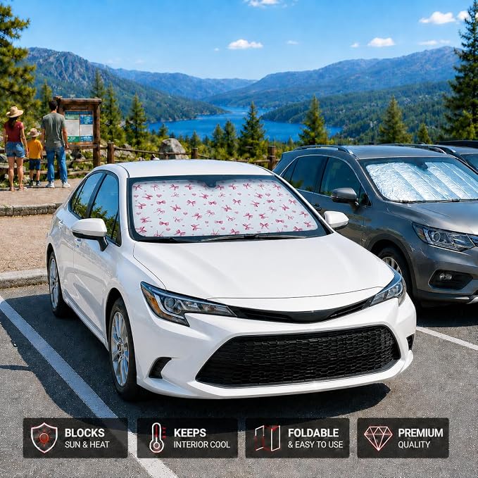 Car Windshield Sun Shade, Universal Fit Compact Sedan SUV, Cute Heart Bow | 59 x 27.5" Car Sun Visor , Foldable Front Window Sunshade, UV Heat Protection, Girly Bow Series