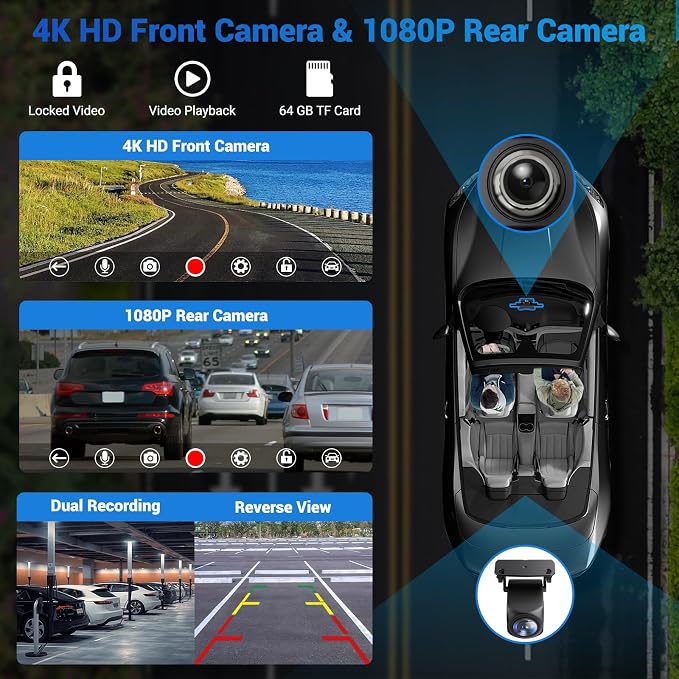 10.26" Wireless Apple Carplay Screen for Car with 4K Dash Cam | Apple Carplay & Android Auto, Touchscren with 1080p Backup Camera, Mirror Link/Voice Control/Music Play/GPS Navigation