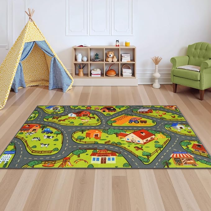STARUIA Kids Rug Play Mat, 60"x32" Washable Car Rug for Toddlers, Educational Farm Road Play Rugs, Non-Slip Race Track Carpet for Kids, Kids Area Rugs for Playroom Bedroom Nursery