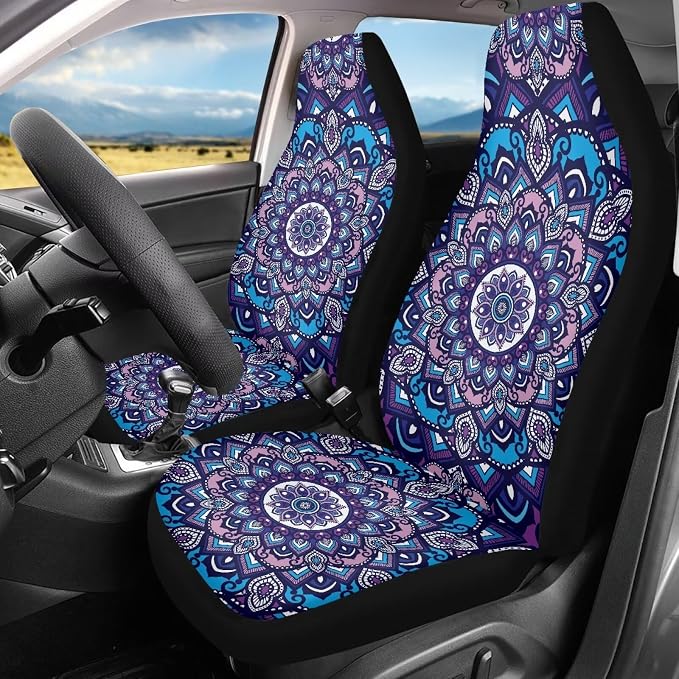 Boho Mandala Car Seat Covers Front Set Floral Premium Polyester Seat Covers Comfort Decorative Front Bucket Seat Cover for Cars Sedans Truck SUV Vans