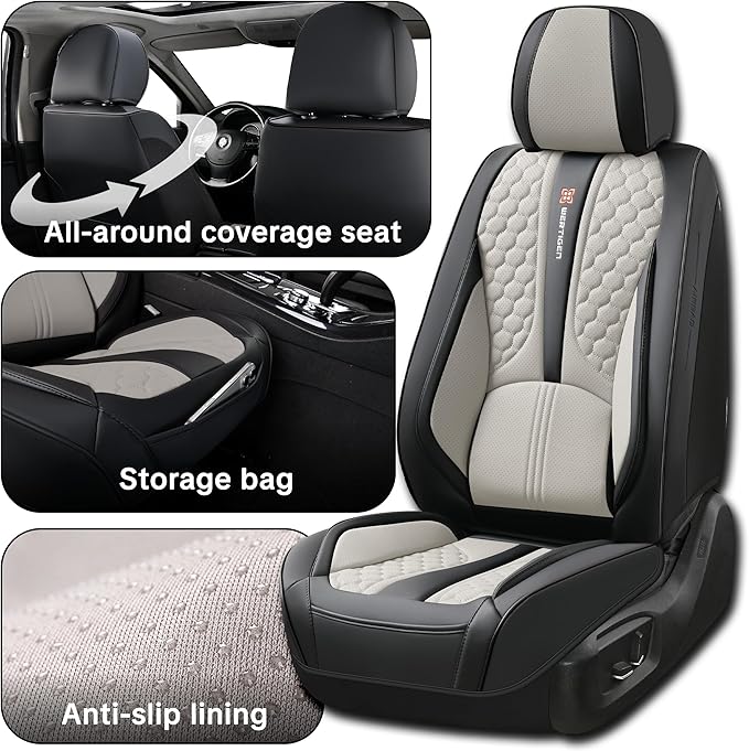 Black and Grey PU Leather Car Seat Covers | Luxury Waterproof Car Seat Covers with Lumbar Support, Non-Slip Base, Airbag Compatibility, Easy Installation and Cleaning