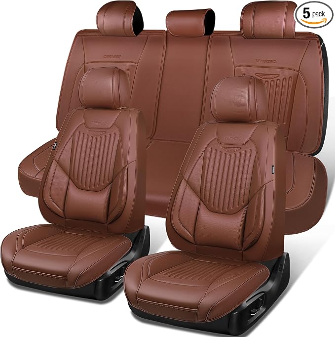 CAR PASS Luxury Nappa Leather Car Seat Covers Full Set, Lumbar Support Seat Covers for Car 5 Seats, Waterproof Car Seat Protector, Automotive Seat Covers Universal Fit for Most Sedans SUV Trucks Brown