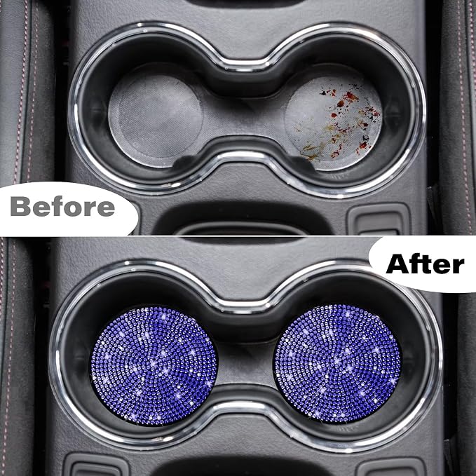 BFXM 2 PCS Bling Cup Holder Coaster, 2.75 inch Diamond Universal Non-Slip Silicone Cup Holder Coasters, Sparkly Bling Car Accessories for Women (Blue)