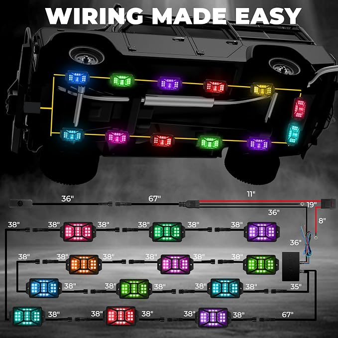 12 Pods Five Sided RGB Rock Lights for Trucks UTV SUV ATV Golf Cart, Multi Chasing Color App/2 Remote Control Led Rock Lights with Music Mode, Waterproof Exterior Underglow Kits for Cars(Patented)