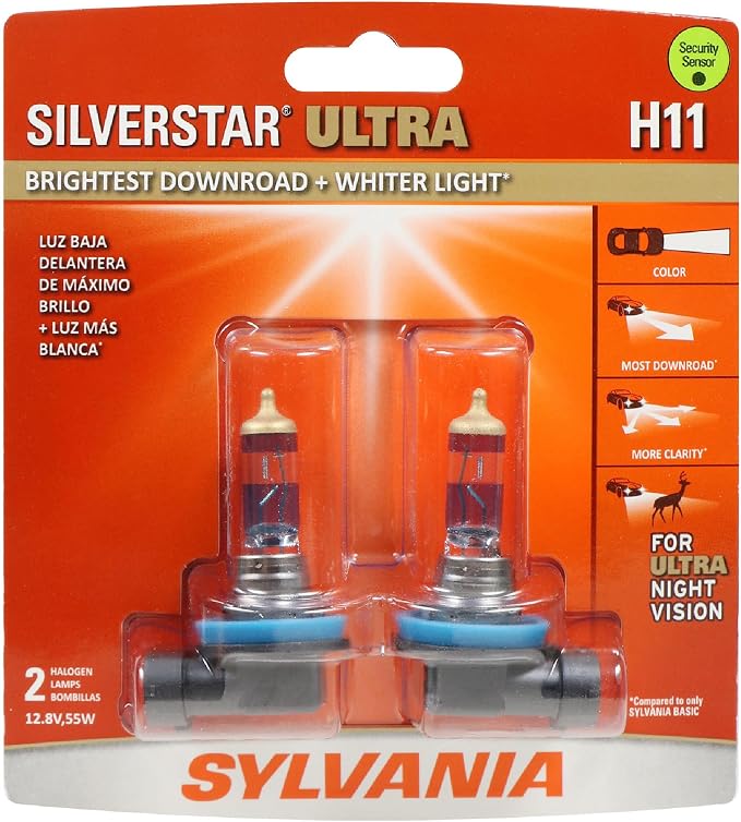 SYLVANIA - H11 SilverStar Ultra - High Performance Halogen Headlight Bulb, High Beam, Low Beam and Fog Replacement Bulb, Brightest Down Road with Whiter Light, Tri-Band Technology (Contains 2 Bulbs)