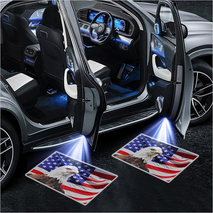 2PCS Car Door Lights Logo Projector,HD Car Welcome Light LED Courtesy Light for Cool Car Decorations,Universal Car Door Projector Lights Fit All Vehicle Models (Eagle Flag)