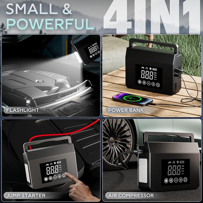 Hieha 4-in-1 Portable Jump Starter 4000A Peak 150PSI Digital Air Compressor | Digital Display, LED Flashlight, 12V, USB Charger, Cordless, Power Bank, Emergency Kit