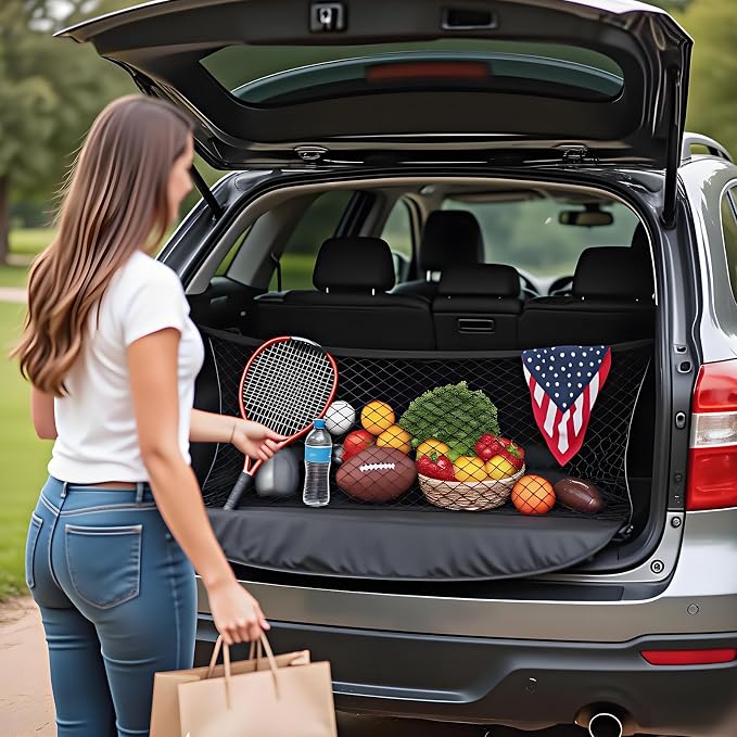 BAILALIBO Cargo Net with Metal Hooks, 43.3x15.8 in | Elastic stretchable mesh, adjustable for SUV/truck/jeep, universal fit, secure trunk storage, heavy-duty for car exterior