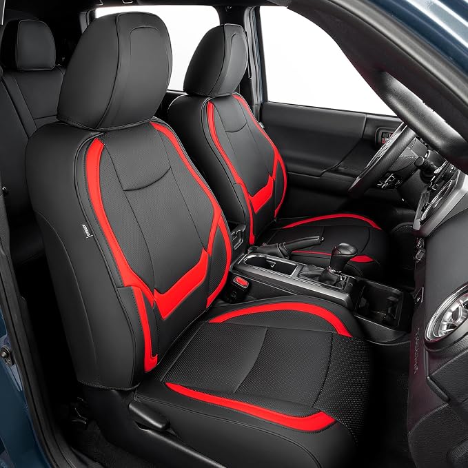 DrCarNow Super Cover for Toyota Tacoma Seat Covers 2016 2017 2018 2019 2020 2021 2022 2023, Crew Cab/Double Cab (Black and Red) Waterproof for Tacoma Leather Accessories(Not Fit the 4th Gen)