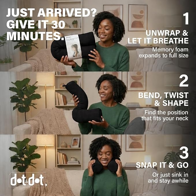 Dot&Dot Twist Memory Foam Travel Pillow, Bendable Neck Pillow for Airplane, Car and Home, 26-Inch Adjustable Roll with Washable Cotton Cover, Black