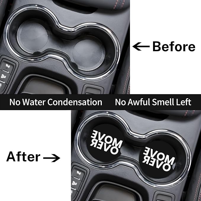 Move Over Car Cup Holder Coasters 2 Pack 2.63" for Women | Universal Anti Slip Ceramic Absorbent Coaster with Cork Base and Finger Notch Cute Car Accessories Interior