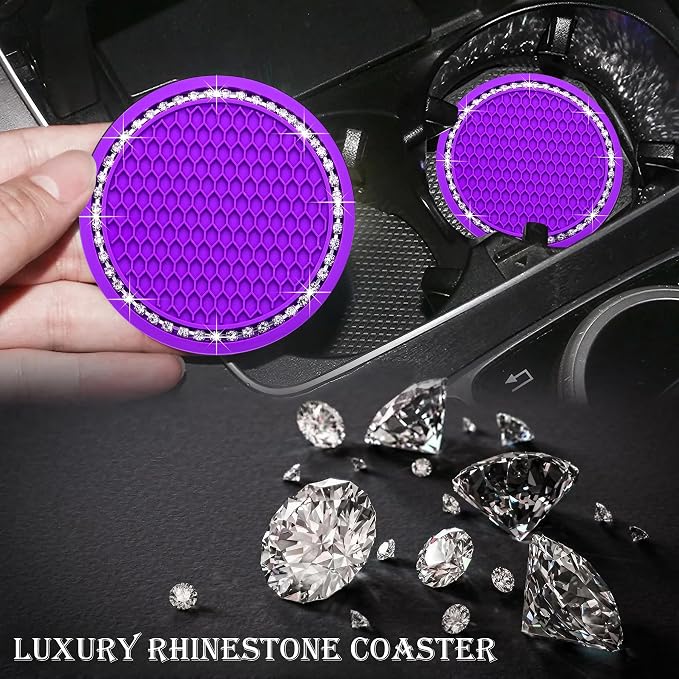2PCS Bling Cup Holder Coaster, 2.75 Inch Auto Car Cup Holder Insert Coasters, Soft Silicone Anti-Slip Shockproof, Universal Vehicle Interior Accessories for Women Girls (Purple & White)