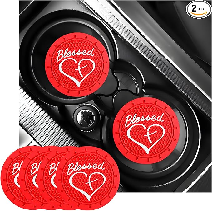 KVAEY 2 PCS Car Cup Holder Coasters, 2.76 Inch Anti Slip Vehicle Drink Mats with Cute Blessed Cross and Heart, Shockproof, Universal Car Accessories (Red, 4 PCS)