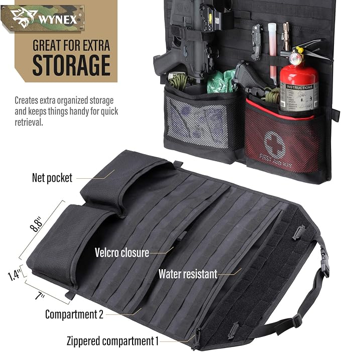 WYNEX Molle Seat Back Car Organizer Fit Most Car F150 Jeeps Pickups Trucks | 26.4x16.1" Backseat Storage Cover, Truck Seat Back Protector, Sling Rack, Visual Pocket & Wolf Patch for Road Trips