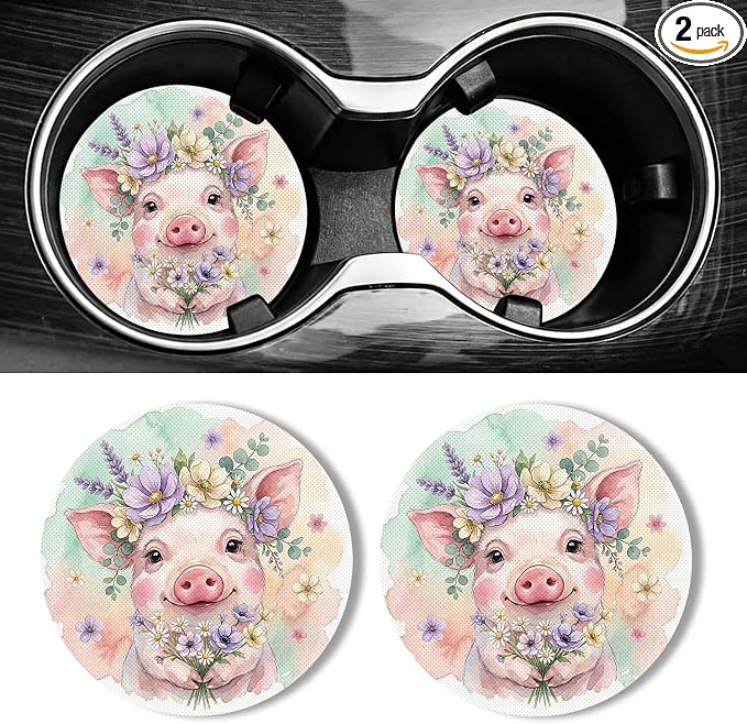 WOCOCN Car Coasters for Cup Holders - 2 Pack 2.75" Universal Rubber Car Cup Coaster, Non-Slip Waterproof Car Interior Accessories, Cute Car Decor Gifts for Women and Men (Cute Pig)
