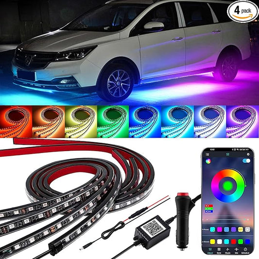 YUGUANG 4Pcs Underglow Kit for Car, APP Control Multicolor Car Underglow Light Kit Music Sync RGB Underbody Strips Light Waterproof for Cars Trucks SUVs