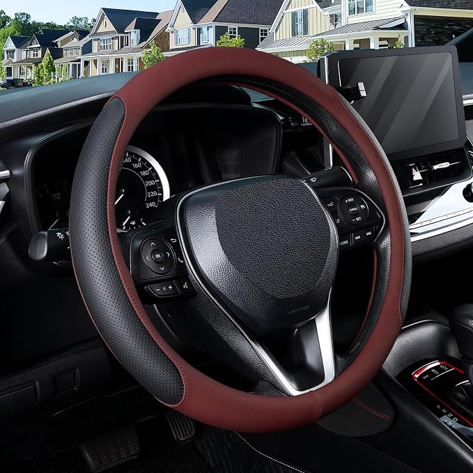 SEG Direct Steering Wheel Cover for 14.5-15 inch Wheels, Breathable PU Leather with Perforated Sides, Anti-Slip Grip, Universal Fit for Cars & SUVs, Black and Burgundy