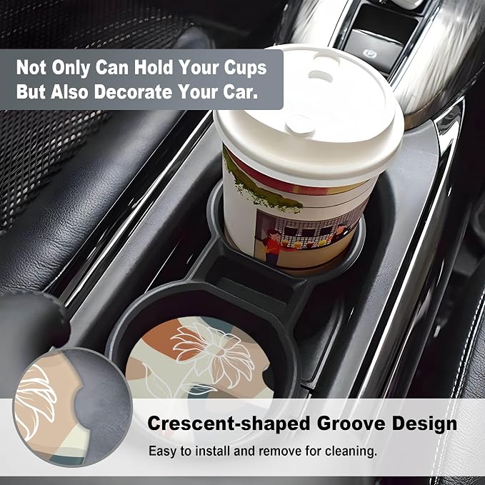 2 Pack Car Coasters for Cup Holders, 2.56" Universal Absorbent Ceramic Stone Car Cup Holder Coasters with Non-Slip Cork Base, Car Interior Accessories for Women Men(Boho Flower)