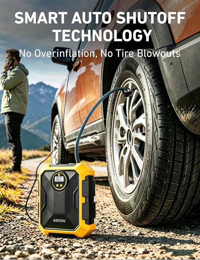 AstroAI Tire Inflator Portable Air Compressor 12V DC 100PSI, Integrated Storage, Digital Gauge, Auto Shut-Off Fast Inflation LED Light, Air Pump for Car Tires Bike Motorcycle Other Inflatables, Yellow