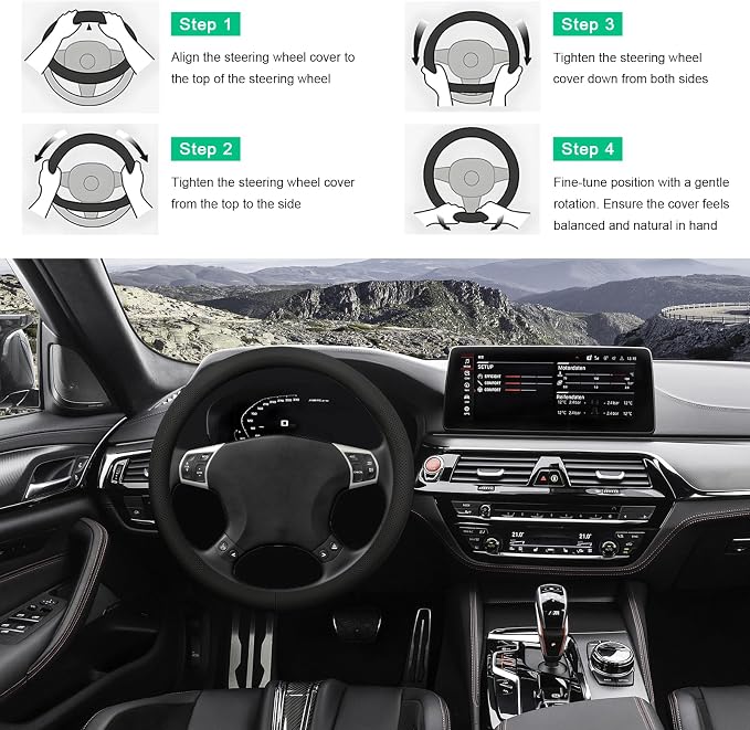 Car Steering Wheel Cover, 15" Breathable Leather Auto Wheel Protector with Comfortable Grip, Non-Slip Perforated Steering Wheel Protective Cover for SUV Truck Sedan Van (Black)