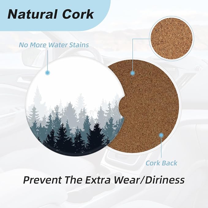 Forest Car Coasters for Cup Holders,2 Pack Car Cup Holder Coasters for Car,Ceramic Absorbent Car Coaster with A Finger Notch and Cork Base,Car Interior Accessories for Women Men