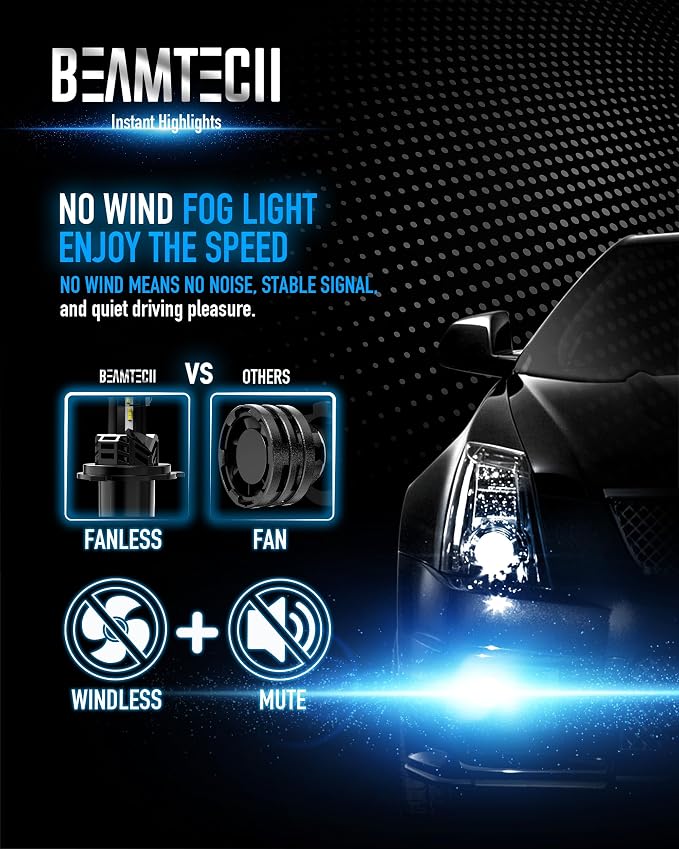 BEAMTECH H4 Bulb, Fanless In Line 9003 Light, 6500K Xenon White, Pack of 2 | H4 Light Bulb, 1:1 Size, Hi/Lo Beam, For Motorcycle, UTV, ATV, Offroad or Fog