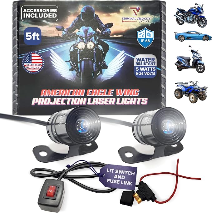 Eagle Wing Projection LED Lights for Motorcycles or Cars 12 Volt a 5-ft Wing on the Road