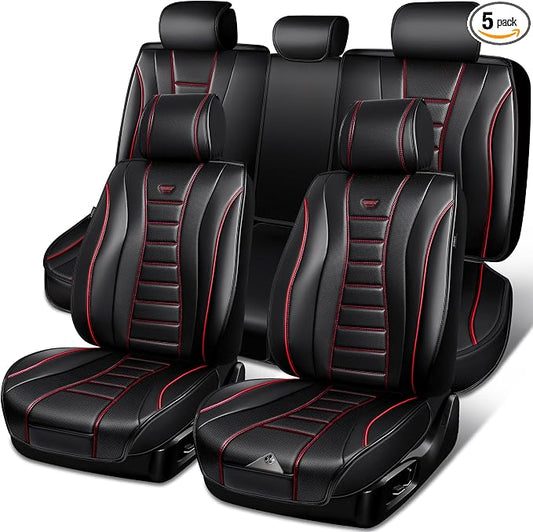 CAR PASS Nappa Leather Seat Covers, Universal FIT Piping Leather Car Seat Covers Full Set for Cars,SUV,Truck 3D Foam Waterproof Luxury Seat Covers 5 Seats, Comfort Durable Airbag Compatible Black Red