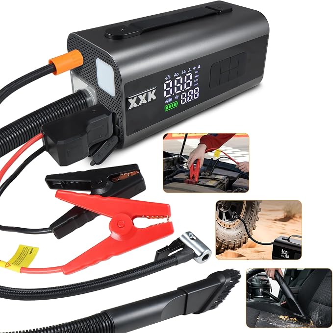 160PSI Tire Inflator Portable 2000A Car Jump Starter,20000mAh | 15000PA Vacuum With Digital Pressure Gauge,Power Bank With Led Light,Suck&Blow Function,For Car,Bicycle,Balls
