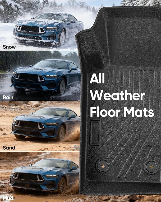 Car Floor Mats for Ford Mustang 2015-2025 2026 5PCS Full Set Not for Mach-E | All Weather Full Coverage Floor Liners Heavy Duty Waterproof Long-Lasting Mustang Accessories TPE Rubber Carpet