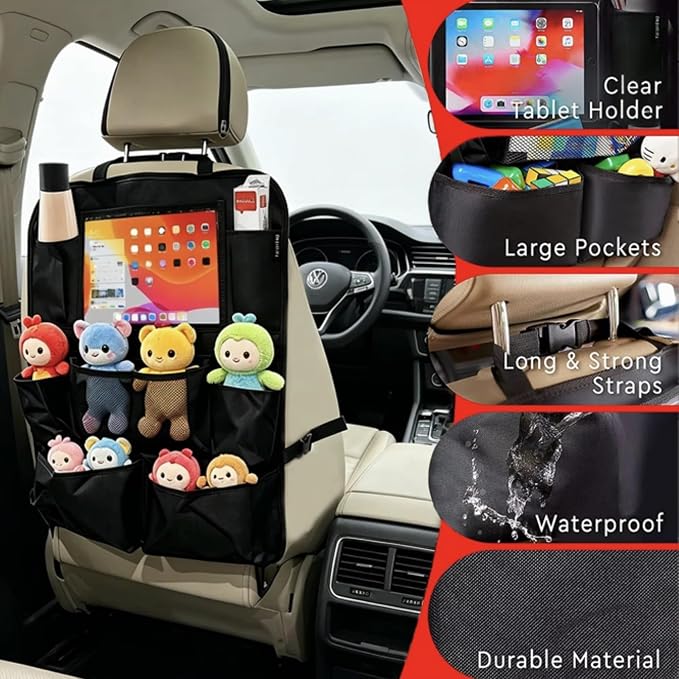 Car Backseat Organizer with Tablet Holder, Multi-Pocket Storage, Kick Mat Seat Protector for SUV, Truck