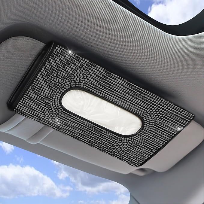 Bling Car Sun Visor Tissue Box Holder, Napkin and Face Mask Storage Box for Cars, Upgraded PU Leather Tissue Box with Crystal Rhinestones, Car Decoration Accessories for Women (Black)