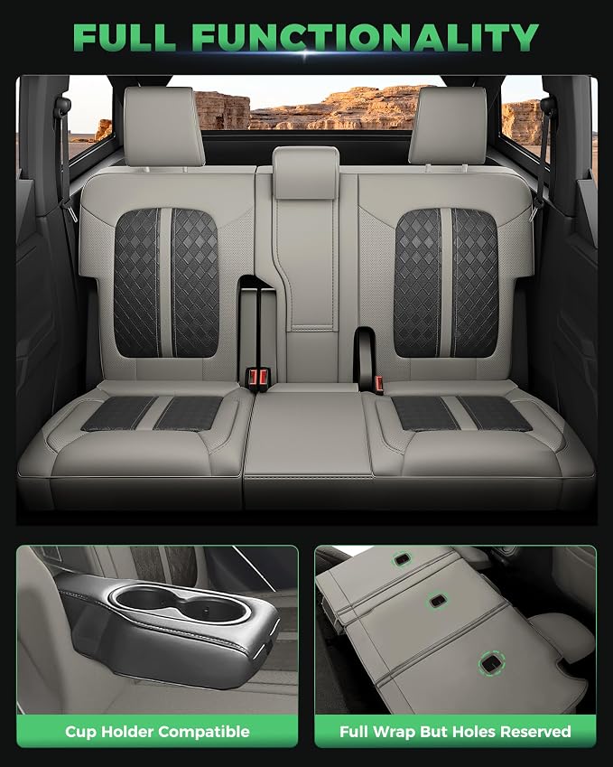 Custom Fit Leather Seat Covers for 2021-2026 Ford Bronco 4 Door | OEM fit, premium waterproof leather, full coverage, anti-slip, storage pockets, long-term durability, airbag compatible
