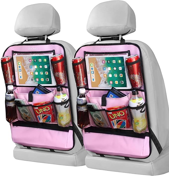 LUCMO Car Backseat Organizer with Touch Screen Tablet Holder, Pink | 2 Pcs,9 Storage Pockets,Clear Tablet Holder,Protectors Kick Mats,Travel Accessories,Seat Cover,Road Trip Essentials