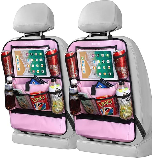 LUCMO Car Backseat Organizer with Touch Screen Tablet Holder, Pink | 2 Pcs,9 Storage Pockets,Clear Tablet Holder,Protectors Kick Mats,Travel Accessories,Seat Cover,Road Trip Essentials