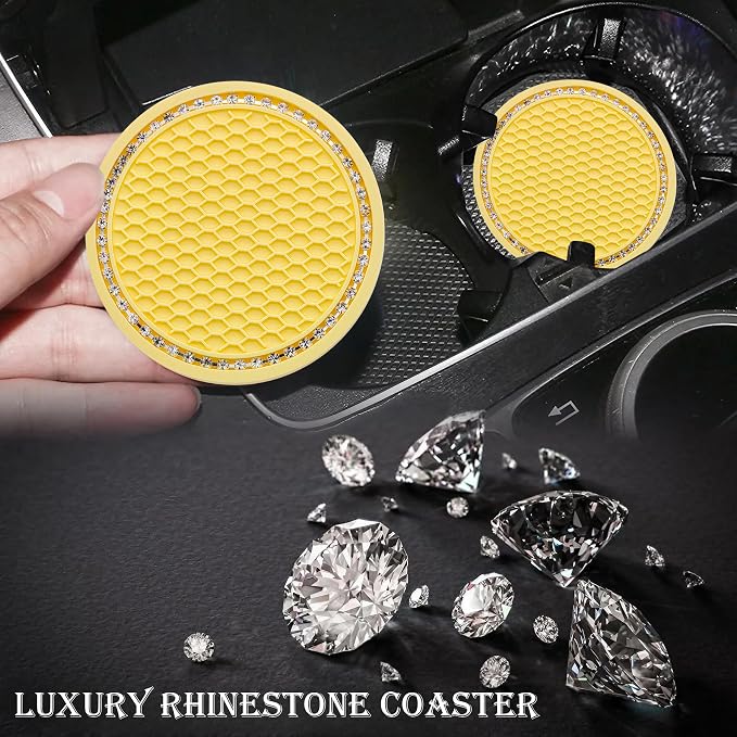 4PCS Bling Cup Holder Coaster, 2.75 Inch Auto Car Cup Holder Insert Coasters, Soft Silicone Anti-Slip Shockproof, Universal Vehicle Interior Accessories for Women Girls (Yellow & White)