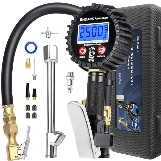 ENDARK Tire Inflator Pressure Gauge for Air Compressor - Digital Air Chuck | 3-250 PSI, 1% Accuracy, 0.1 PSI Resolution, 360° Rotating Chuck, Extended Hose, Dual-Head Chuck, Hard Carrying Case