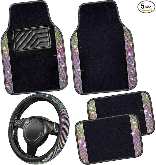 CAR PASS Bling Diamond Leather Steering Wheel Cover 14.5in-15in Floor Mats Shining Rhinestone Carpet Sparkly Glitter Crystal Anti-Slip Pad Fit Automotive SUV Pickup Truck Girl Women, 5pcs Multicolor