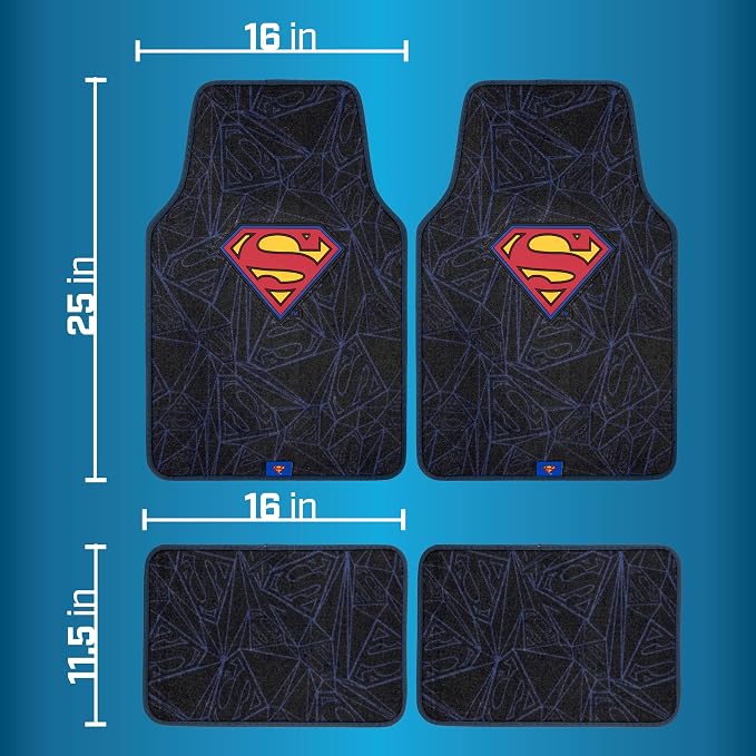 Warner Bros DC Comics Superman 4pc Carpet Floor Mats Car Accessories - Set for Car, Truck, Van, SUV - No-Slip Grip - Universal Fit Front 26" x 16.5", Rear 14" x 16.5"