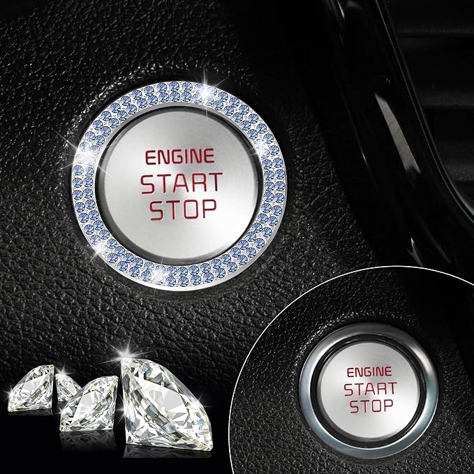 LivTee Car Engine Start Stop Decoration Ring, Crystal Double Rhinestone, Push to Start Button Cover/Sticker, Key Ignition & Knob Bling Ring, Bling Car Interior Accessories for Women, Light Blue