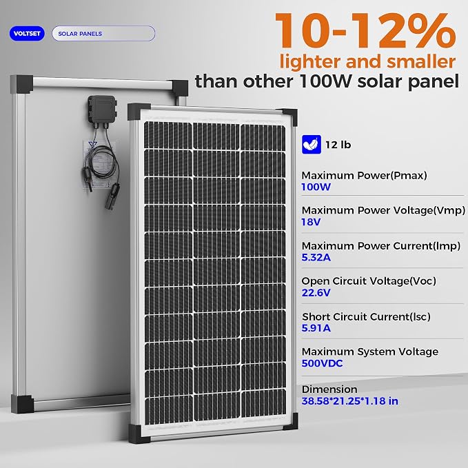Voltset 100W 12V Solar Panel, High Efficiency 9BB Cell Monocrystalline Solar Panels IP67 Waterproof, Suitable for RV, Marine, Rooftop, Home, Yacht, Off-Grid Applications (100W Single Panel)