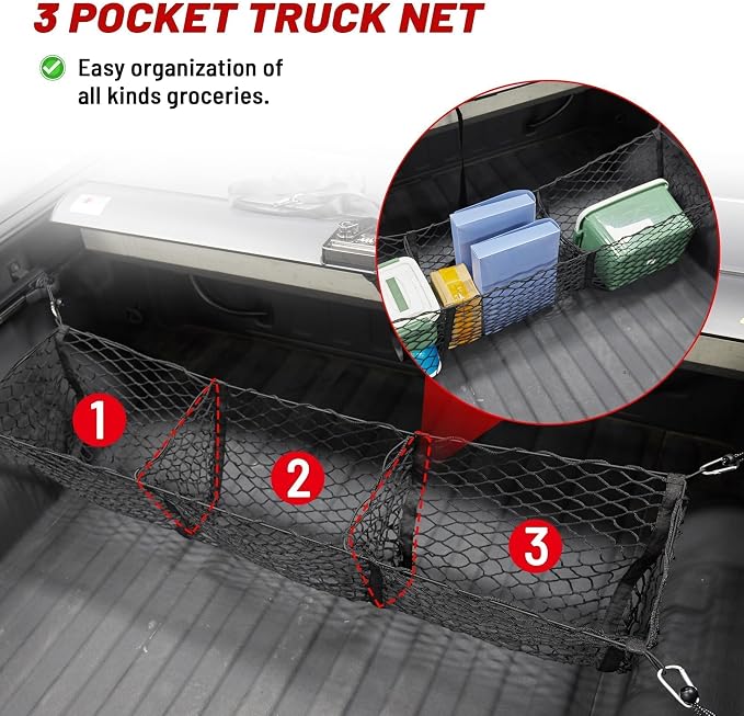 RED WOLF 3 Pocket Truck Bed Cargo Net for Toyota Ford Dodge GMC Chevy Silverado, Universal Pickup Mesh Storage Net 47.2" x 11.8" Stretchable Elastic Truck Bed Grocery Holder Net with 4 Ball Bungees
