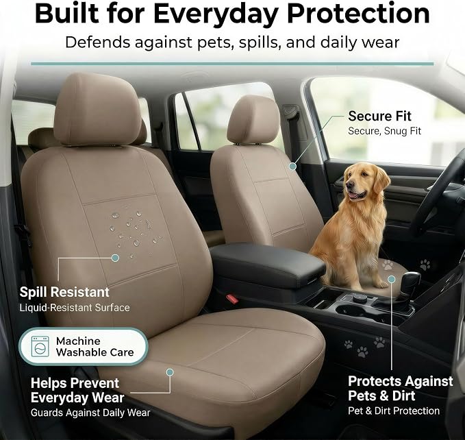 FH Group Car Seat Covers PU Leather Automotive Seat Covers Front Set, Tan Seat Covers Pair Set with Gift Universal Fit Interior Accessories for Cars Trucks and SUVs