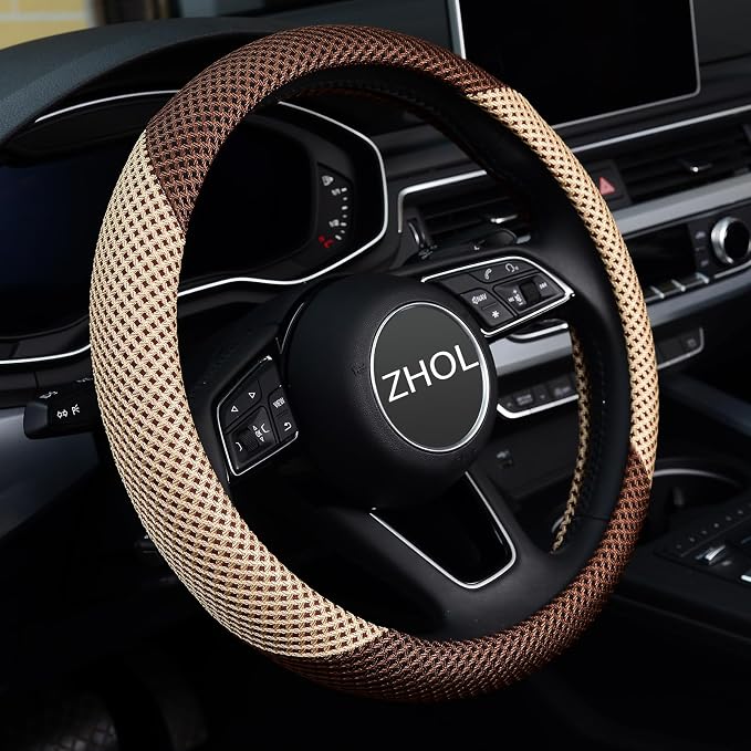 ZHOL Steering Wheel Cover Universal 15 inch Microfiber Breathable Ice Silk Steering Wheel Covers Anti-Slip Car Interior Accessories for Women Men, Warm in Winter and Cool in Summer, Beige&Brown