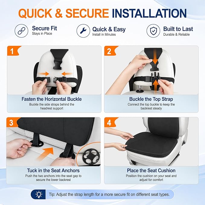 Allaboutsla 2 Piece Car Seat Cushion, Back Support with Car Headrest Pillow | 3-in-1 Memory Foam Car Seat Cushions, Car Lumbar Support with Car Neck Pillow, Seat Support for Long Driving, Trucks, Black