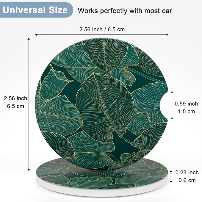Nipichsha Car Coasters for Cup Holders, 2 Pack Absorbent Ceramic Car Cup Holder Coaster for Drinks, Cute Auto Assecories for Women, Universal Size 2.56 in with Finger Notch & Cork Base, Tropical Leaf