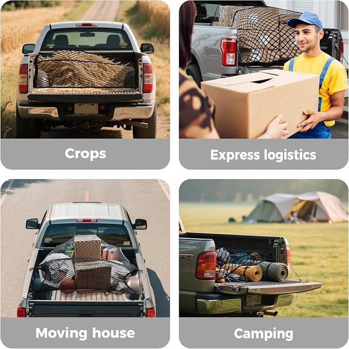 Highly Elastic Cargo Net with Hook, 4'x4' Stretches to 8'x8' | Adjustable Simple Truck Bed Storage Organizer for SUVs, Cars and Trucks, Single Layer, Ideal for Securing Daily Light Loads