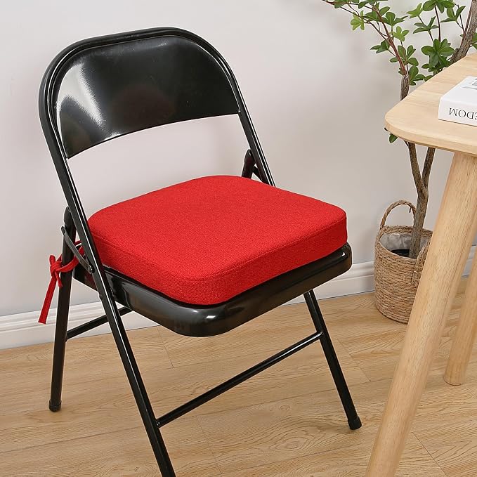 SINOSSO Memory Foam Chair Cushion for Folding Chair 1 Pcs, Thickened 2" Square Kitchen Chair Pad with Ties, Indoor Non-Slip Dining Chair Seat Cushion (1 Piece, Red)